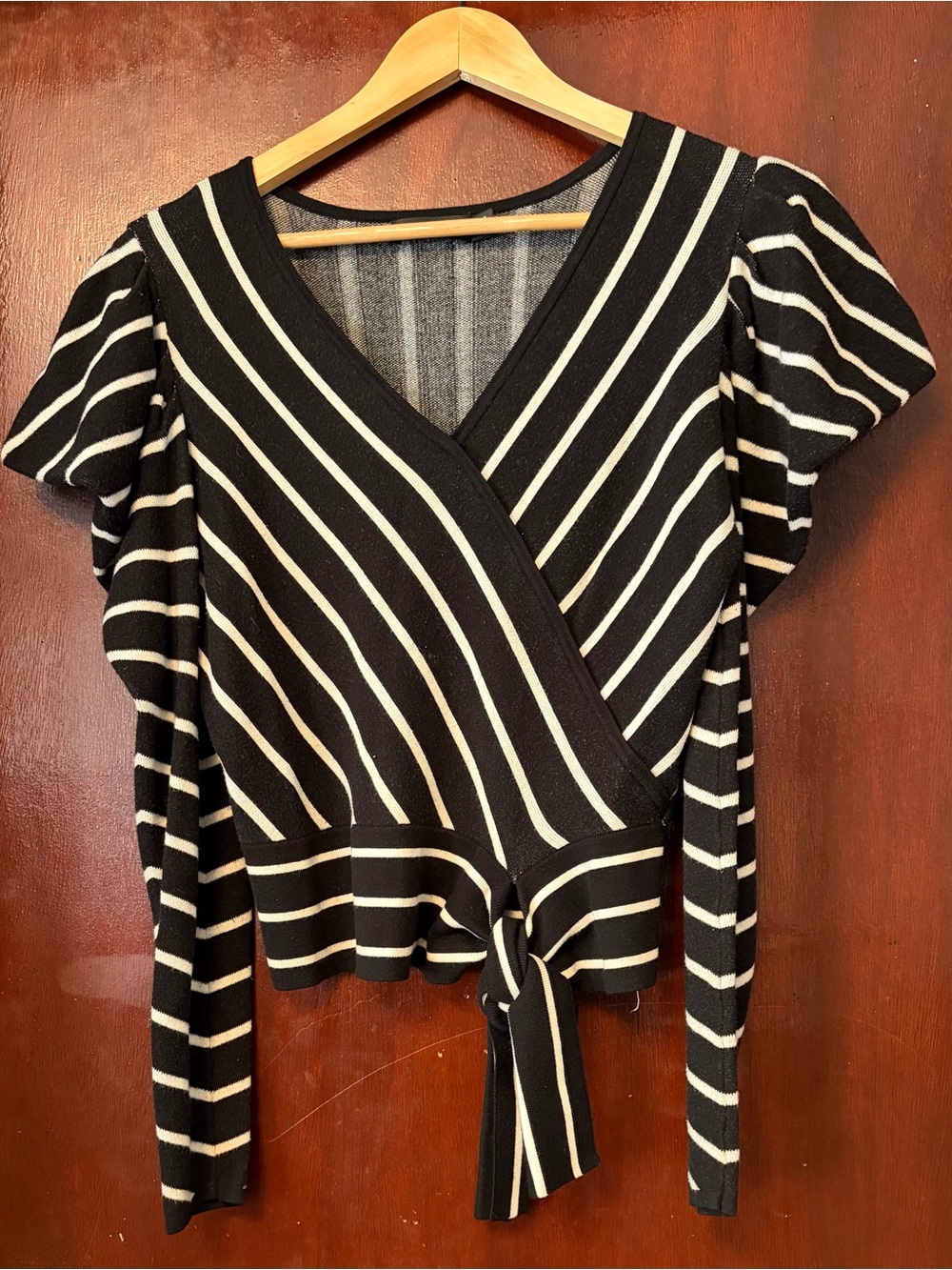 Women’s 7th Avenue Design Studio Black & White Striped Wrap Top with Tie